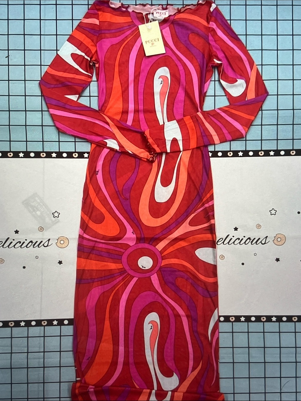 Emilio Pucci Red & Pink Long Sleeve Maxi Dress